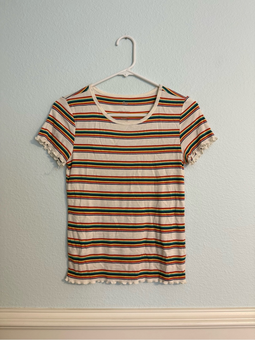SO Cream Tee with Rainbow Stripes and Ruffle Trim